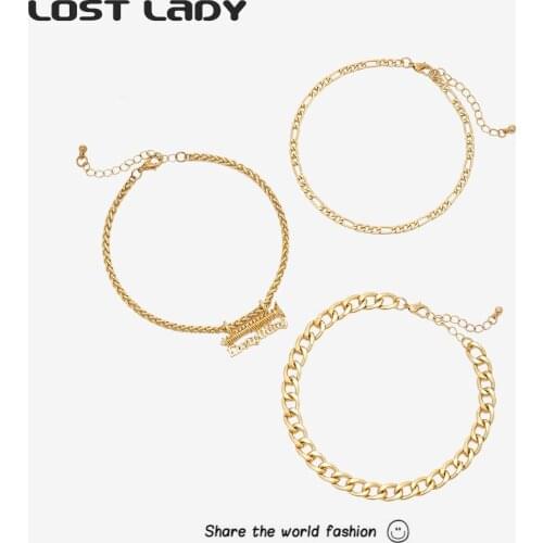 Lost Lady 3pcs/set Gold Color Letters Stud Anklet Chain Fashion Multilayer Anklets for Women Bracelet on Leg Beach Jewelry