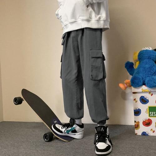 HOUZHOU Black Mens Cargo Trousers Summer Korean Cargo Pants Men Pockets Joggers Streetwear Thin Bottoms Gray Trousers Male