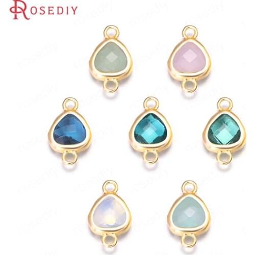 C291)4 pieces 8x14mm 24K Champagne Gold Color Plated Brass with Heart Colourful Glass Beads 2 holes Connect Charms Accessories