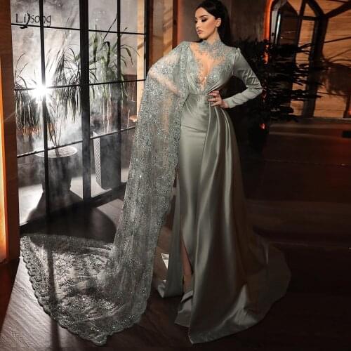 Saudi Arabic Mermaid Long Evening Dresses 2020 High Collar Beaded One Shoulder Prom Gowns Side Split Formal Dress