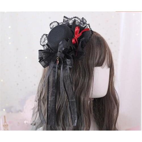 Halloween Cosplay Lace Bow Bat Wings Demon Hairpin Witch Top Hat Gothic Lolita Brooch Side Clip Hair Accessory B907