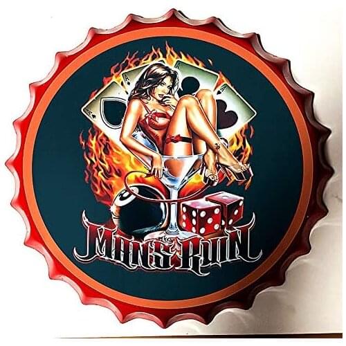 Royal Tin Sign Bottle Cap Metal Tin Sign Hot Girl Billiards Poker Diameter 13.8 inches, Round Metal Signs for Home and Kitchen