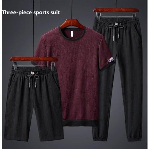 Ice Silk Large Size Stretch T-shirt Casual Pants Suit Summer Mens 3 Piece Sports Suit Harajuku Sportswear Mens Joggers Set 8XL