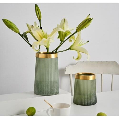 Creative Matte Old Glass Bottle Flower Vase Ornament Copper Ring Nordic Glass Vase Crafts Living Room Table Vases Soft Art Decor