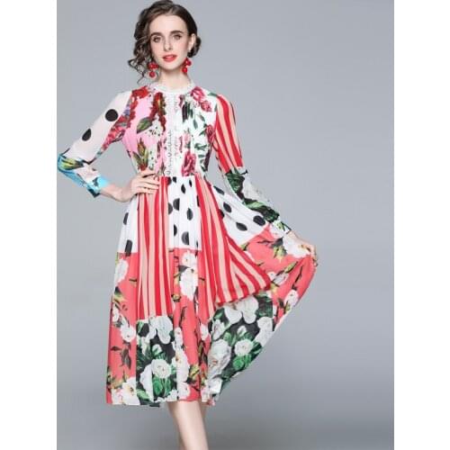 JSXDHK Runway Summer Holiday Dress Elegant Women Wave Point Rose Flower Print Chiffon Splicing Lace Striped Vintage Midi Dresses