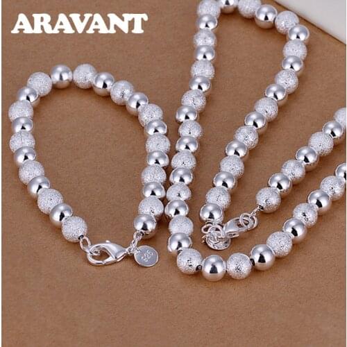 Wedding Engagement Jewelry Set 925 Silver Jewelry Scrub&Smooth Beads Balls Bracelet Necklace Women Party Jewelry Sets