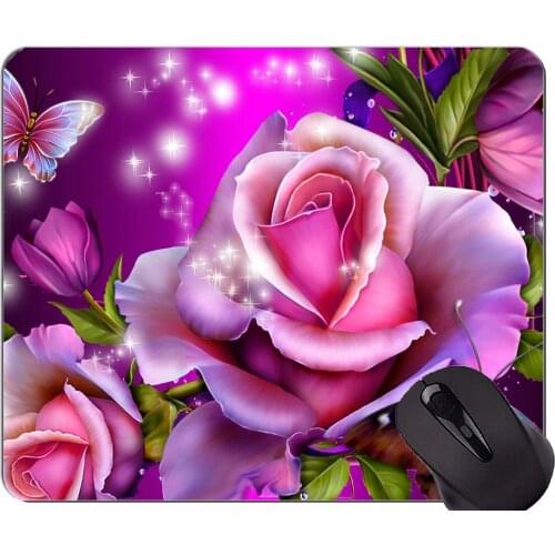 Mouse Pad Non-Skid Natural Rubber Rectangle Mouse Pads,Rose color flower butterfly -Stitched Edges