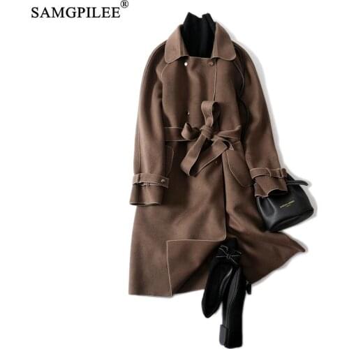 Coats Women Winter 2020 Elegant Full Sleeve Long Solid Turn-down Collar Double Breasted Slim Office Lady Woolen Coats Woman 3XL
