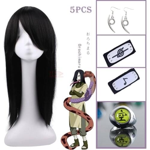 Anime Boruto Character Orochimaru Cosplay Wig Long Black Wig Jewelry Headband Earring Ring Heat-resistant Fiber Hair + Wig Cap