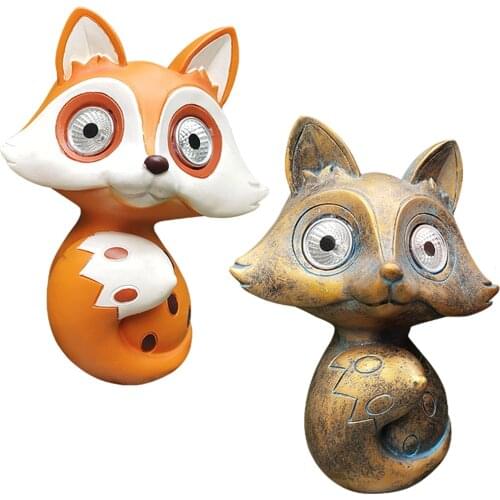 Resin Garden Statue Fox Figurine w/ Solar Lights Patio Decoration Ornament