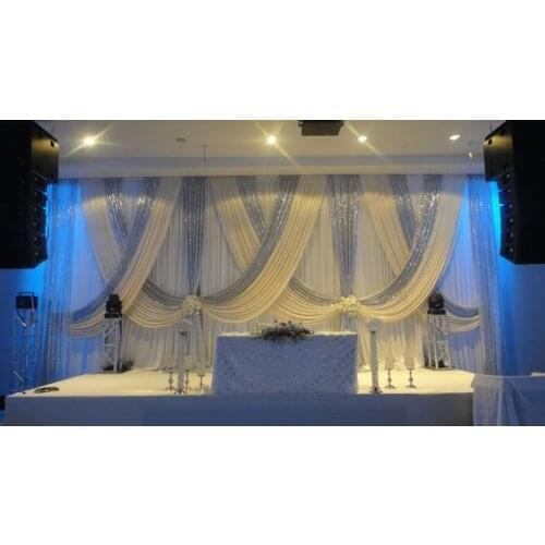 Romantic 10ft x 20ft White Wedding Backdrop with shiny silver Swags Wedding draperys Stage decoration