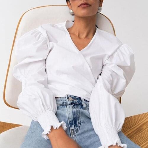 SEASONS Solid Elegant Puff Sleeve Blouses Women Casual V-Neck Lace Up Skinny Crop Tops Office Fashion Wild T-Shirts ASBL83673
