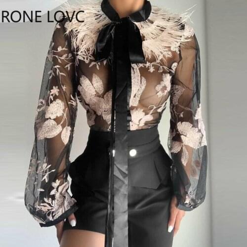 Women Chic Floral Bowknot Lace up feather collar perspective Mesh Black Blouse