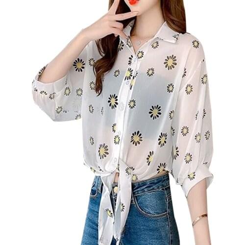 Womens Spring Summer Style Chiffon Blouses Shirt Womens Button Long Sleeve Turn-down Collar See Through Casual Tops SP135