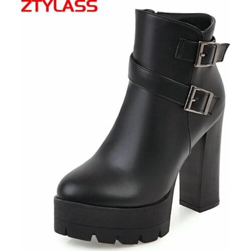 2021 Platform Women Boots Fashion Square High Heel Ankle Boots Zipper Autumn Winter Shoes Ladies Big Size 34-43 Black White