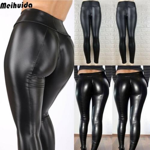 Women Black Wet Look Faux Leather Moto PU High Waist Legging Clubwear Pants Slim Push Up Long Ladies Sex Skinny Leggings