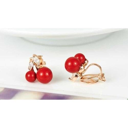 Korea Style Strawberry Shape Clip Earrings for Women Top Quality CZ Double Pearl No Pierced Earrings Best Jewelry Not Allergy