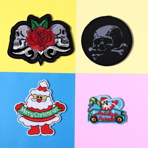 1PCS Christmas Cartoon santa Embroidery Patch Sew On Clothes Applique for DIY Clothing Accessory Punk Skeleton rose Patch
