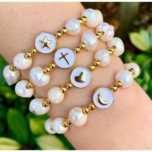 6Pcs Women Fashion natural fresh water pearl beads bracelet, high quality gold moon smiley heart cross multi charm bracelet