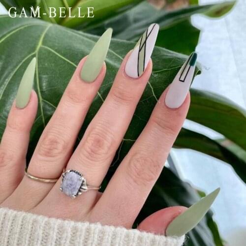 GAM-BELLE 24Pcs Long Oval Artificial False Nails Matte Green Geometric Pattern Full Cover Detachable Press On Nails Decoration