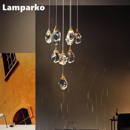 Nordic Cut Crystal Pendant Light LED Dimmable Cristal Stair Pendant Hanging Lamp Art Decor Dining Room Suspension Light Fixture