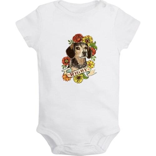 Cute Retro Vintage Cute Dog Rigby Flower Printed Newborn Baby Girl Boys Clothes Short Sleeve Romper Outfits 100% Cotton