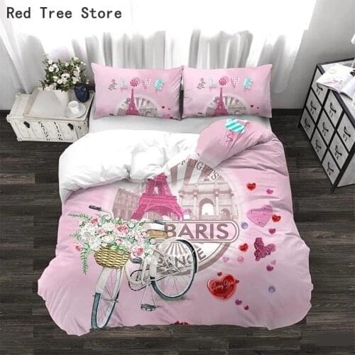 Pink Tower And Bicycle Flower 3D Print Bedding Set Polyester Fabric Quilt Cover with 1/2pc Pillowcase Girl Twin Full Queen Size