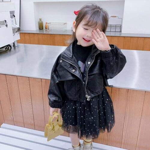Girls Leather Jacket Outerwear Solid Color Coat For Girls Pockets Kids Coats Spring Autumn Kids Clothes Girl