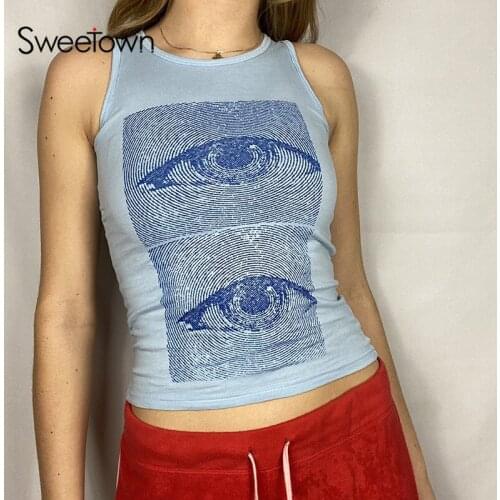 Sweetown Tie Dye Tank Top Summer Women 2021 Y2K Vintage Printed E Girl Streetwear Baby Tee Round Neck Slim Crop Sleeveless Tanks