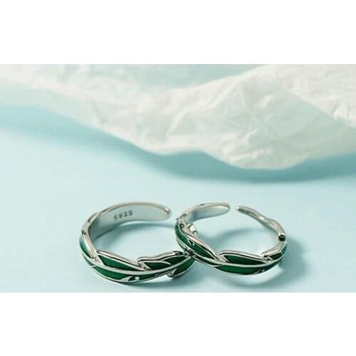 Fashion Mens and Womens S925 Silver Simple Epoxy Green Leaf Personality Open Couple Rings 249