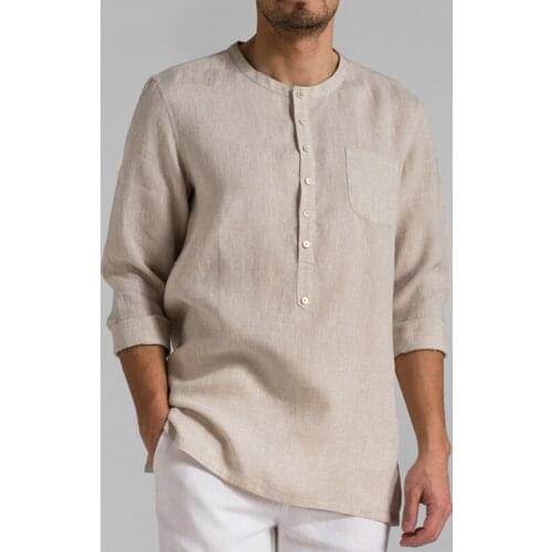 Mens Clothes 2020 Autumn Spring Tops & Tees Male Fashion T-Shirts Stand Collar Long-sleeved Homme Linen Tshirt