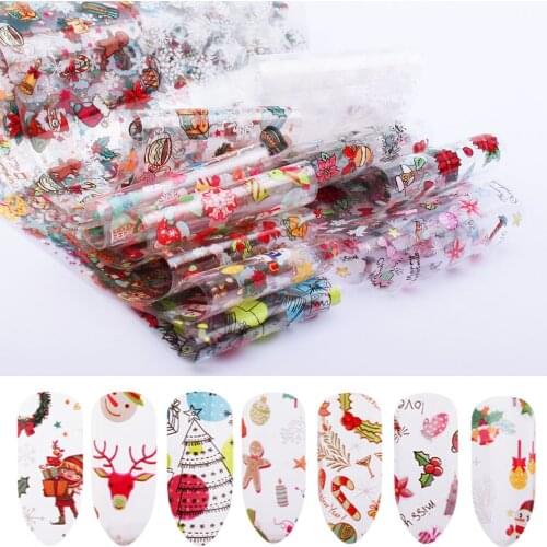10pcs Christmas Nail Stickers Decals For Nails Transfer Foils Elk Santa Flower Snowman Sliders Nail Art Manicure Adhesive