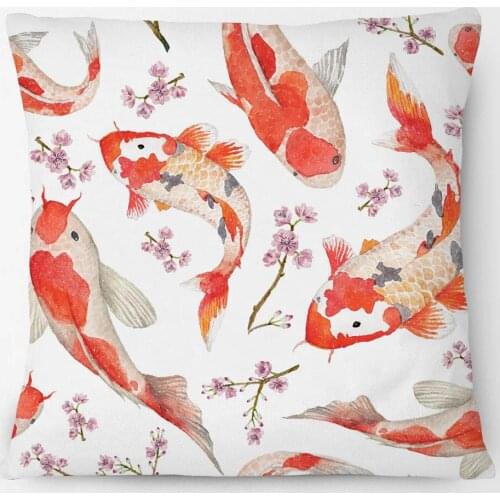 Goldfish Cushion Covers Flower Animals Chinese Culture Wealthy Beige Linen White Polyester Pillow Case 45X45cm Sofa Decor