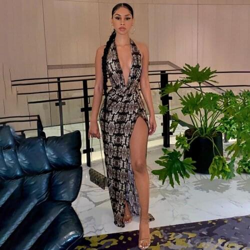 2021 New Style Ladies Summer Sexy Backless Dress Ladies Snakeskin Printing Deep V-neck High Split Long Dress