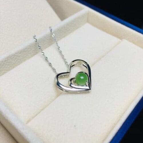 Natural Hetian Jasper Jade Pendant 925 Silver Inlaid Double Heart Necklace