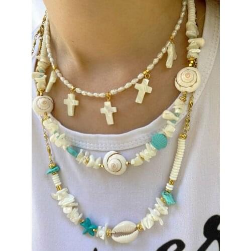 Religious Catholic Christian Jewelry fashion freshwater pearl choker necklace white mother of shell Cute Cross pendant charms