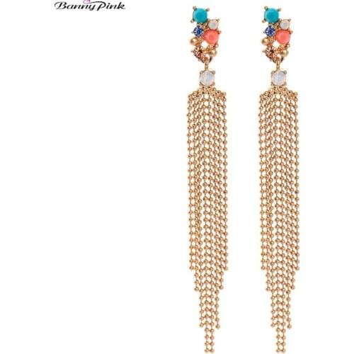 Banny Pink Vintage Layer Metal Chain Tassel Earrings For Women Beach Resin Statement Earrings Boho Long Fringe Earrings Brincos