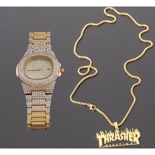 Thrasher Magazine Flame Pendant Necklace & Watch Set Men Hip Hop Rock Titanium Stainless Steel Gold Necklace Fashion Men Jewelry