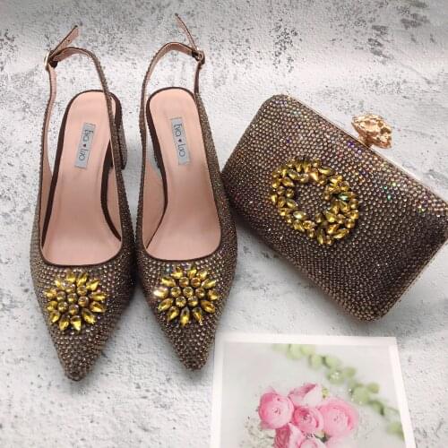BS1263 Custom Handmade Coffee Brown Crystal Bow Shoes with Matching Bags Set Slingbacks Block Heel Women Bridal wedding Shoes