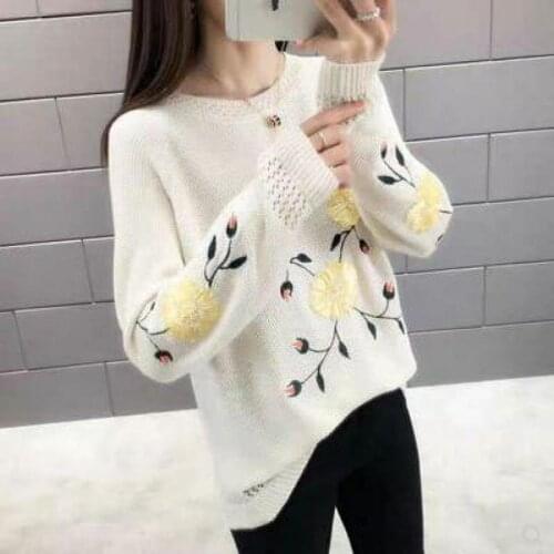WEIHAOBANG 2021 New Female Floret Embroidery Round Neck Pullover Knitted Sweater Long Sleeve Knitted Loose Casual Sweater