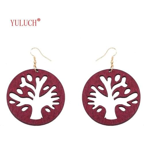 YULUCH Office Luxury Woman Wood Hollow Tree Round Drop Earrings for Party Personality Jewelry for Girls D00369