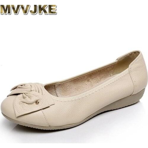 MVVJKE Plus Size Spring\Autumn Fashion Genuine Leather Shoes Woman Flats Work Classi Fashion Bowknot Female Casual Ballet Ladies