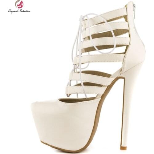 Original Intention Sexy Women Sandals Cut Outs Round Toe Thin Heels Sandals High-quality Beige Shoes Woman Plus US Size 4-15