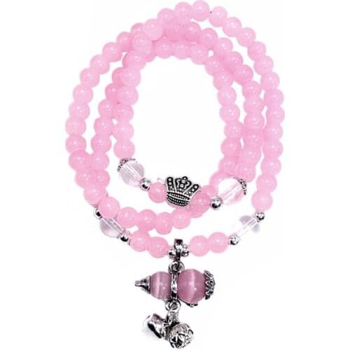 Silver Plated Gourd Connect Layer Rose Pink Quartz Elastic Bracelet for Women Amethysts Stone Jewelry