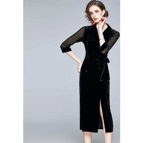 Autumn Red Black Velvet Dress Women Notch Neck Vintage Office Midi-calf Dress High Quality Runway Dresses Robe Femme