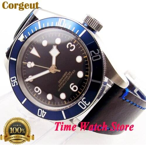 41mm Corgeut 20ATM Miyota 8215 automatic wrist watch men sapphire glass black dial blue Bezel waterproof deployant clasp