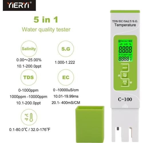 Digital Water Quality Tester 5 in 1 TDS/EC/Salinity/S.G./Temperature Meter for household, Pools, Drinking Water, Aquarium