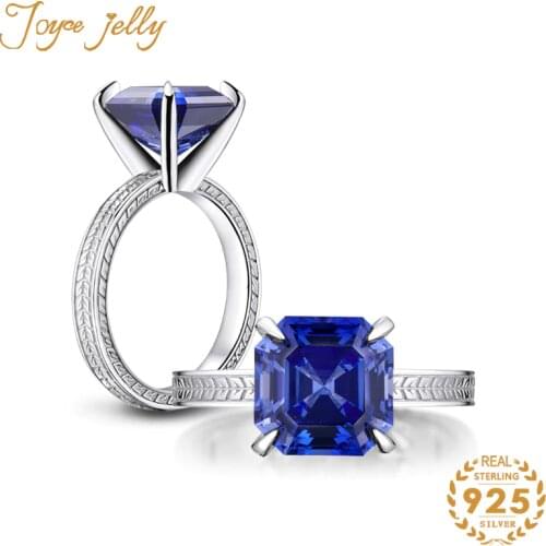 JoyceJelly Trendy Wedding Jewelry Women Ring 925 Solid Silver Sapphire Square Created Mossanites 4 Claws Fine Jewelry Wholesale