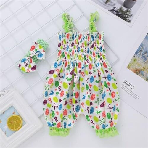 Blotona Newborn Girls Summer Romper Hair Band Set, Infant Sleeveless Elastic Waist Long Pants Playsuit for Baby 0-18Months