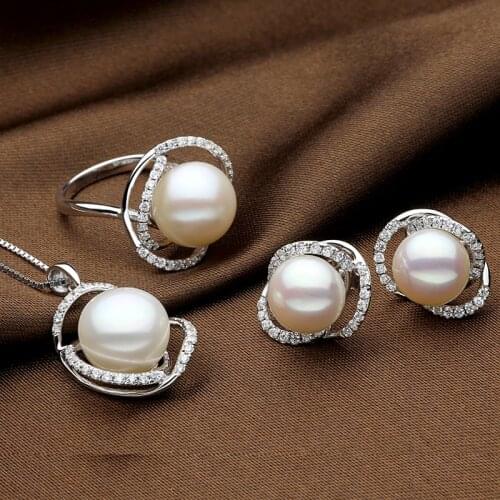 Sinya Natural pearls jewelry set with Ring Earring and Necklace in 925 Sterling silver pearl diameter 10-13mm 2017 new arrival
